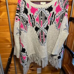 Umgee- Gray, Black and Hot Pink Aztec Southwest Patterned Poncho Sweater